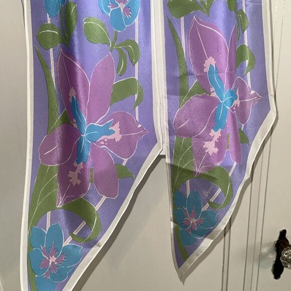 Vintage Vera Pink, Teal Blue, Green & Lavender Floral Silk Long Scarf - Picture 3 of 6